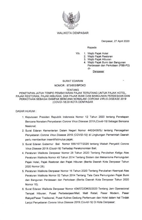 SURAT EDARAN KEBIJAKAN RELAKSASI PAJAK DAERAH DI KOTA DENPASAR TERKAIT PANDEMI COVID-19