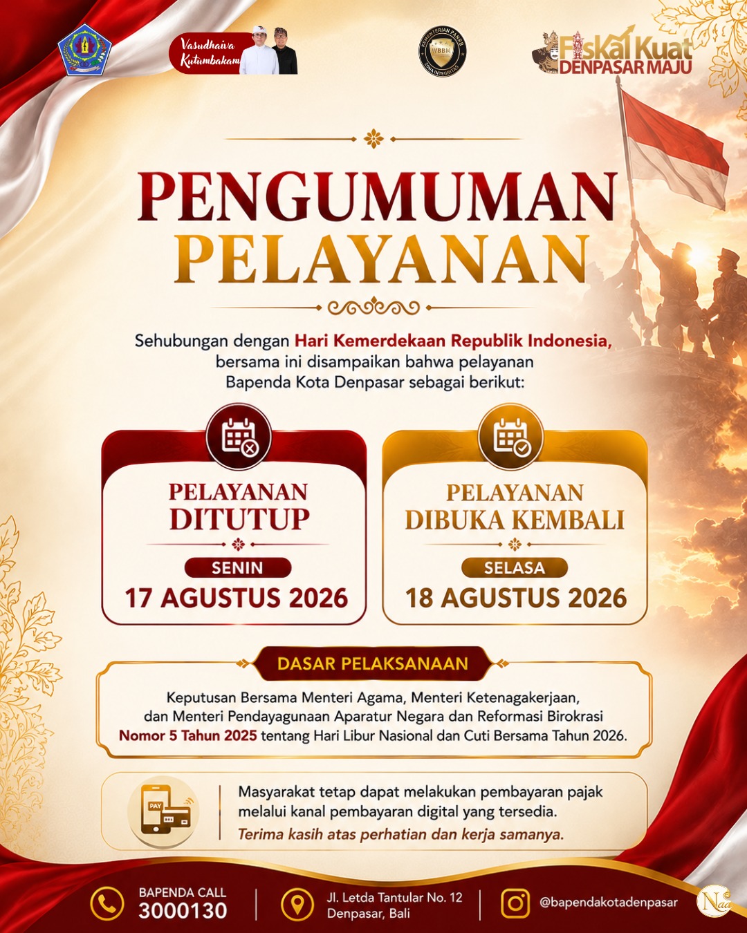 Penyesuaian Pelayanan Bapenda Kota Denpasar dalam Rangka Hari Kemerdekaan Republik Indonesia