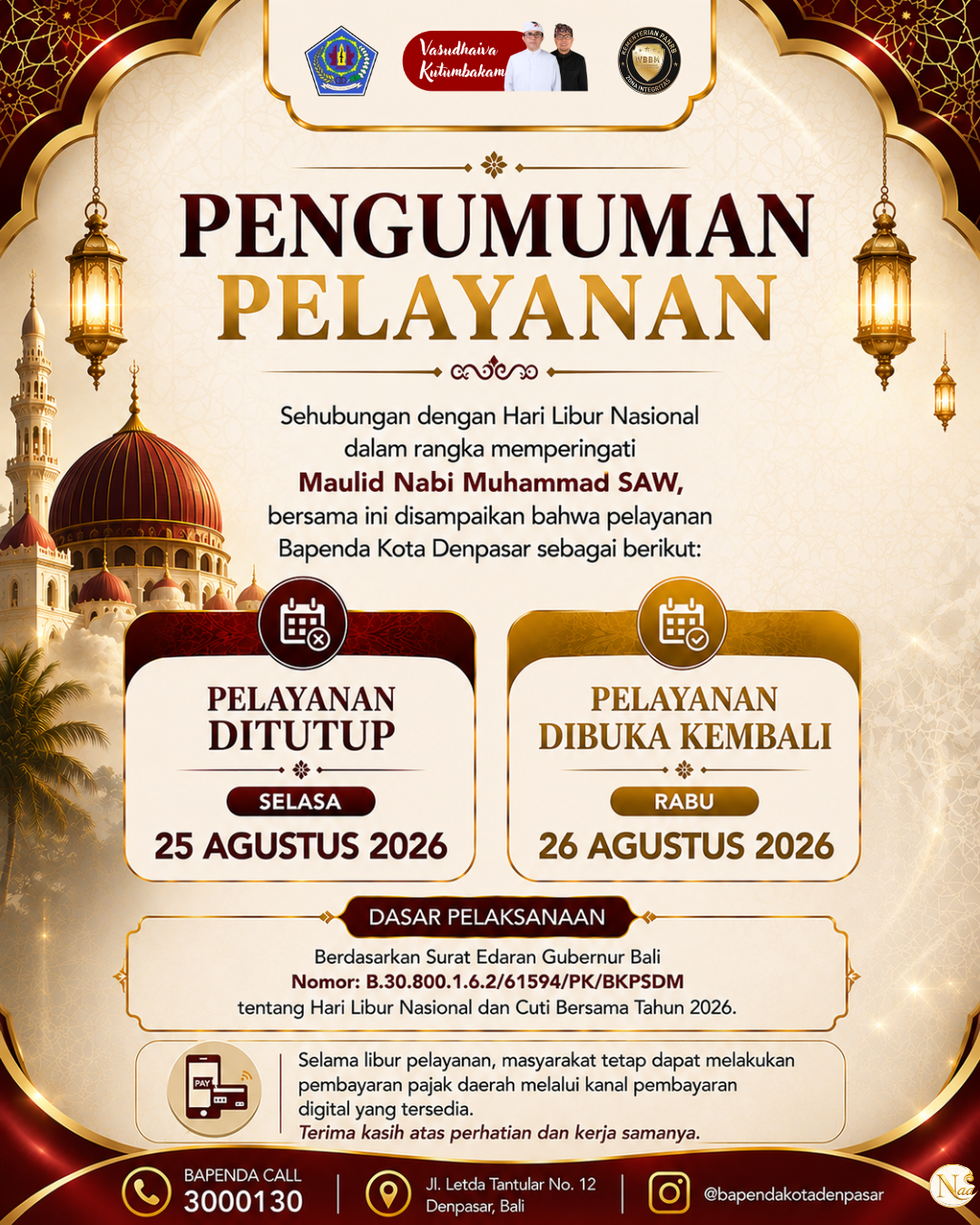 Penyesuaian Pelayanan Bapenda Kota Denpasar dalam Rangka Maulid Nabi Muhammad SAW 2026