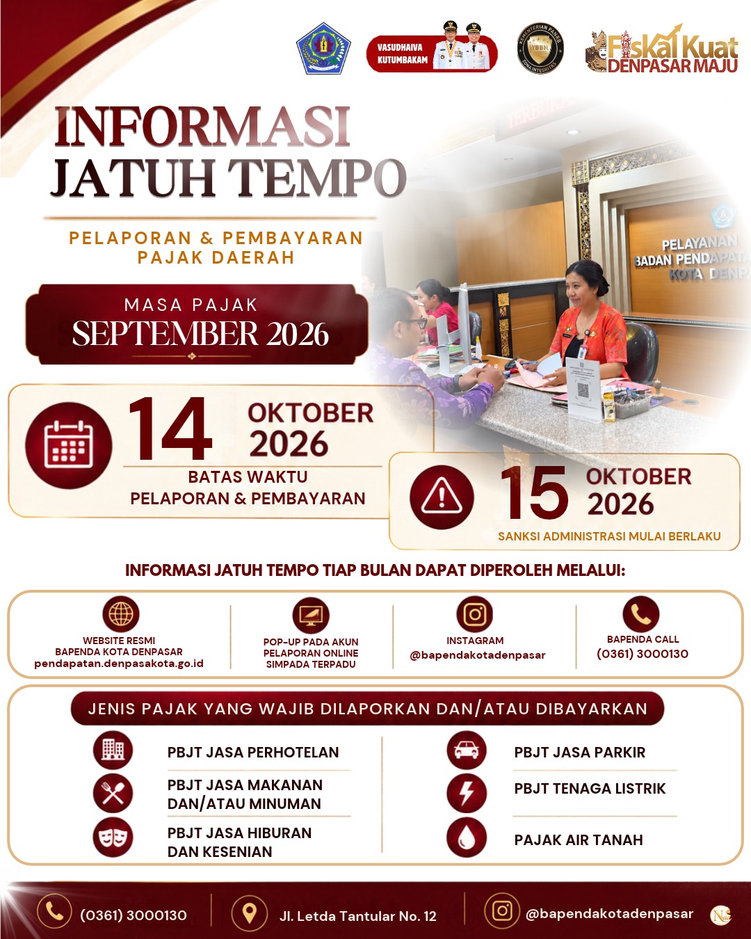 Informasi Jatuh Tempo Pelaporan dan Pembayaran Pajak Daerah Masa Pajak September 2026